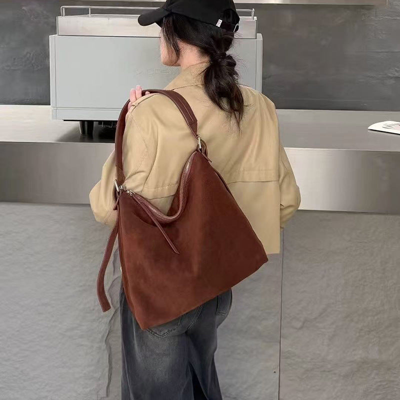 Women's Suede Crossbody Shoulder Bag | High-Capacity Commuter Bag with Zipper Pocket