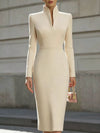 Cream high-neck long-sleeve midi dress with seam detail.