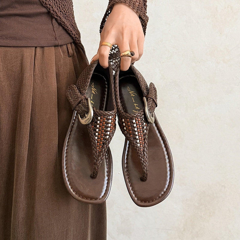 Women's Handwoven Cowhide Thong Sandals | Full-Grain Leather Ankle Buckle Flat Shoes
