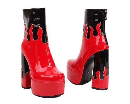 Women's Patent Leather Colorblock Ankle Boots | Chunky Heel Zipper Boots