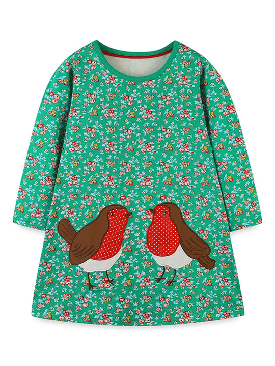 Another view: Bird & Floral Cotton Long-Sleeve Dress — Green