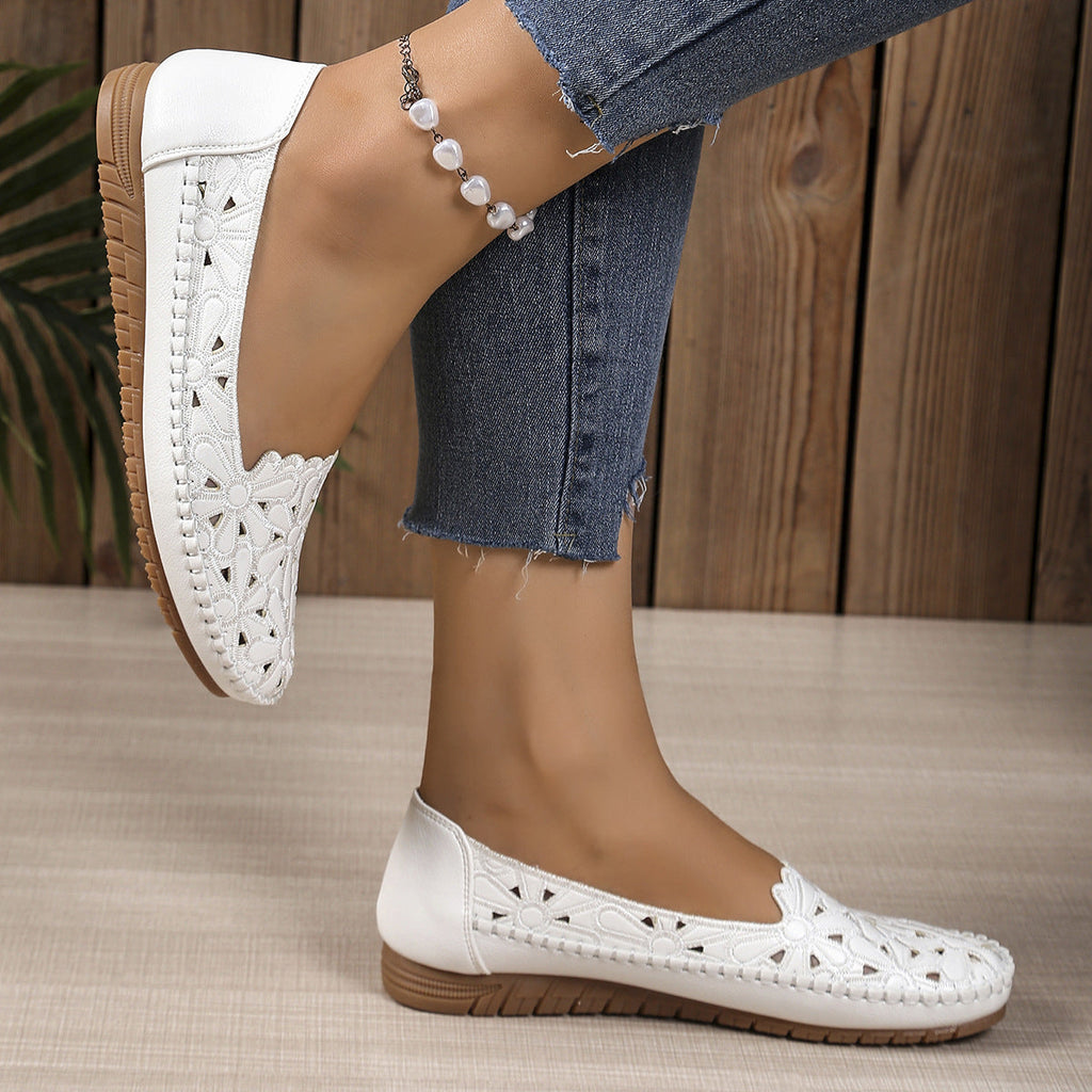 Women's Breathable Hollow-out Casual Flat Shoes | Floral PU Slip-On