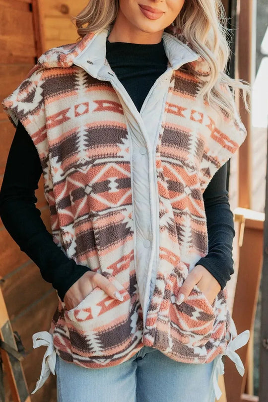 Another view: Geometric Print Fleece Metal Button Placket Shift Silhouette Vest