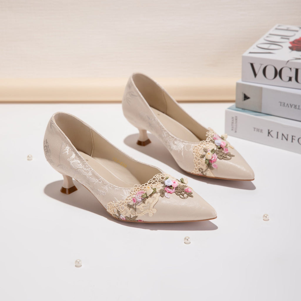Women's Jacquard Kitten Heel Sandals | Pointed Toe Lace Flower Embroidery Heels