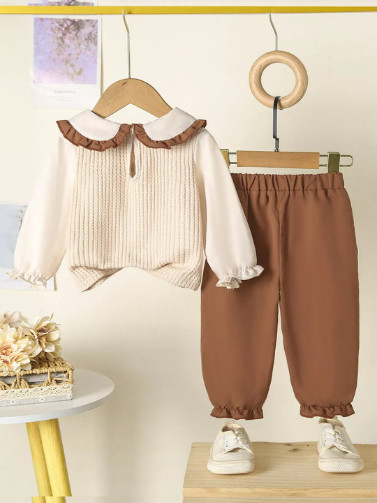 Another view: Floral Appliqué Ruffle Top & Pants Set — Tan