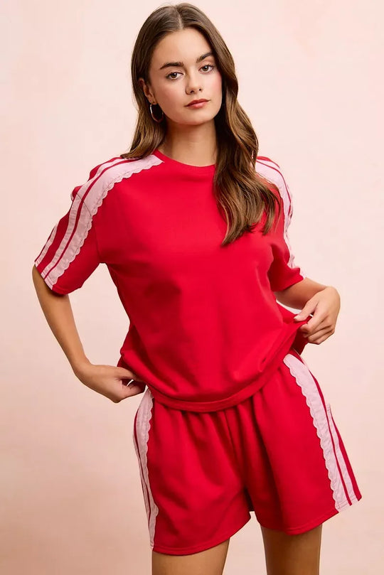 Another view: BiBi French Terry Side Lace Detail Short Sleeves Top