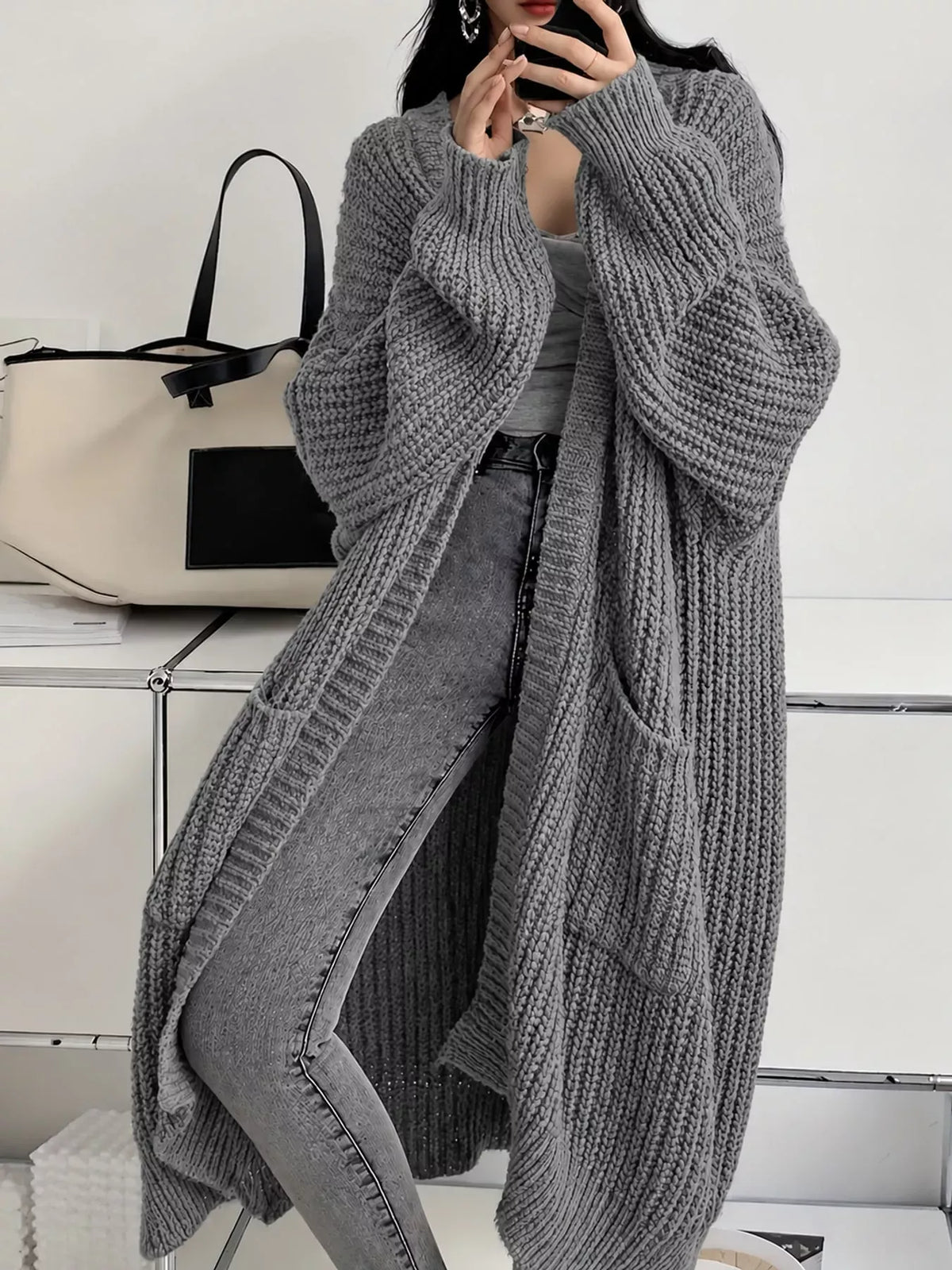 Oversized Openwork Longline Cardigan with Pockets — photo 46