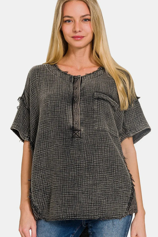 Another view: Washed Texture Half Button T-Shirt