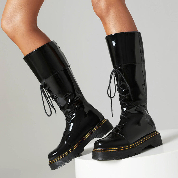 Women's High-Heeled Lace-Up Thigh-High Boots | Chunky Heel Round Toe PU Leather