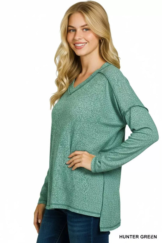 Another view: Soft Melange Hacci Exposed Seam High-Low Tee — Hunter Green