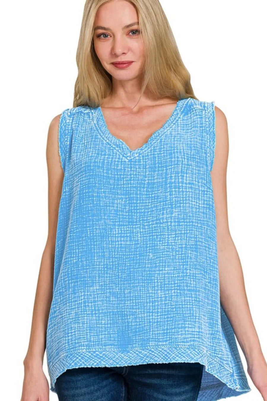 Double Gauze Raw Edge Acid Washed Tank — DEEP SKY