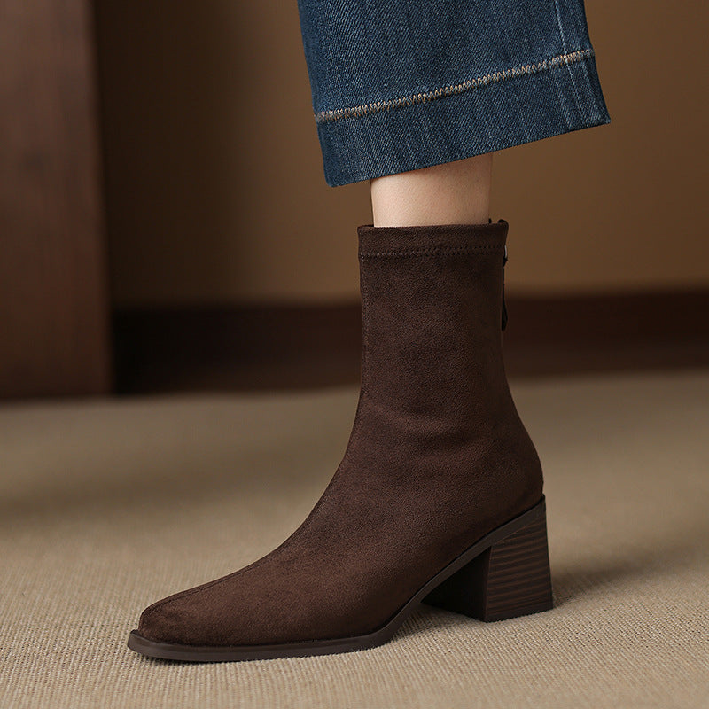 Women's Suede Square Toe Chunky Heel Boots