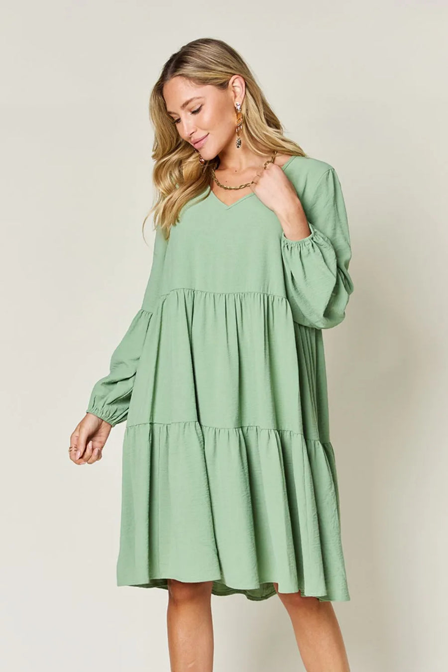 V-Neck Balloon-Sleeve Tiered Dress — Full Size