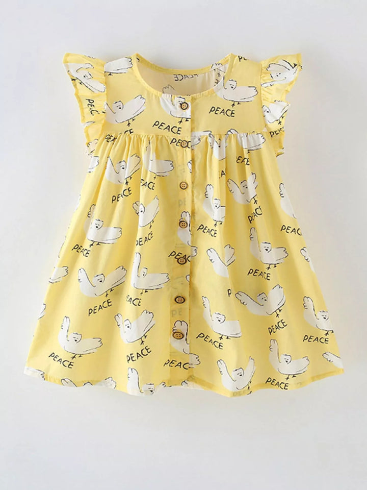 Light yellow peace-dove print children’s ruffle-sleeve dress.