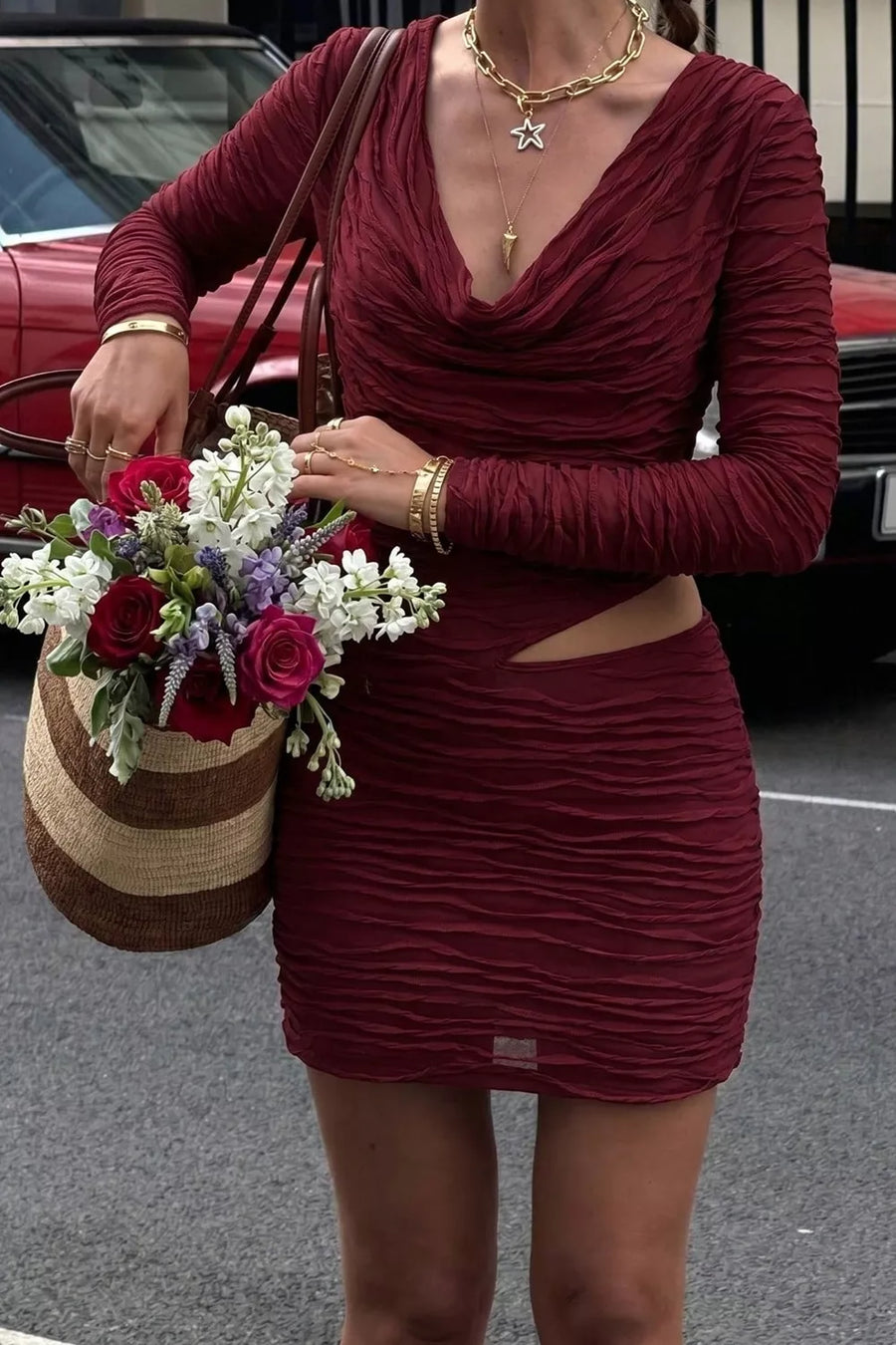 Ruched Cutout Cowl Neck Long-Sleeve Mini Dress