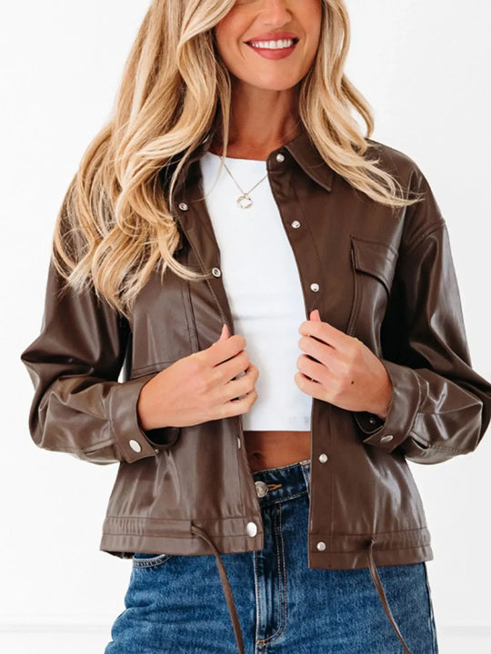 Another view: Double Flap Pocket Drawstring Hem Leather Jacket
