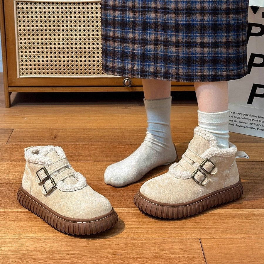 Women's Fleece Lined Snow Boots | Buckle Ankle Boots with Thick Sole | Beige & Brown