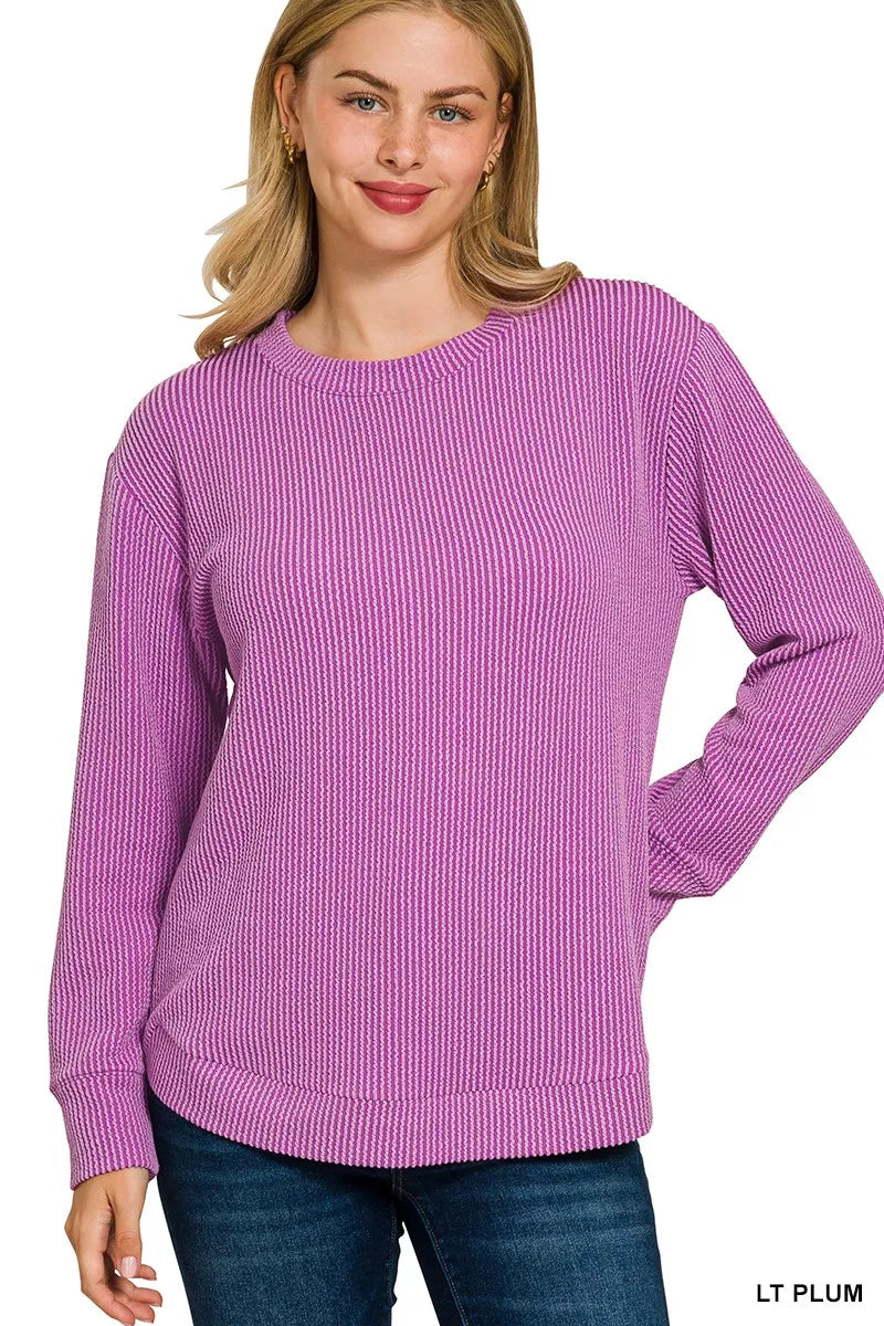 Curve Raised Rib Round Neck Long Sleeve Top — Lt Plum