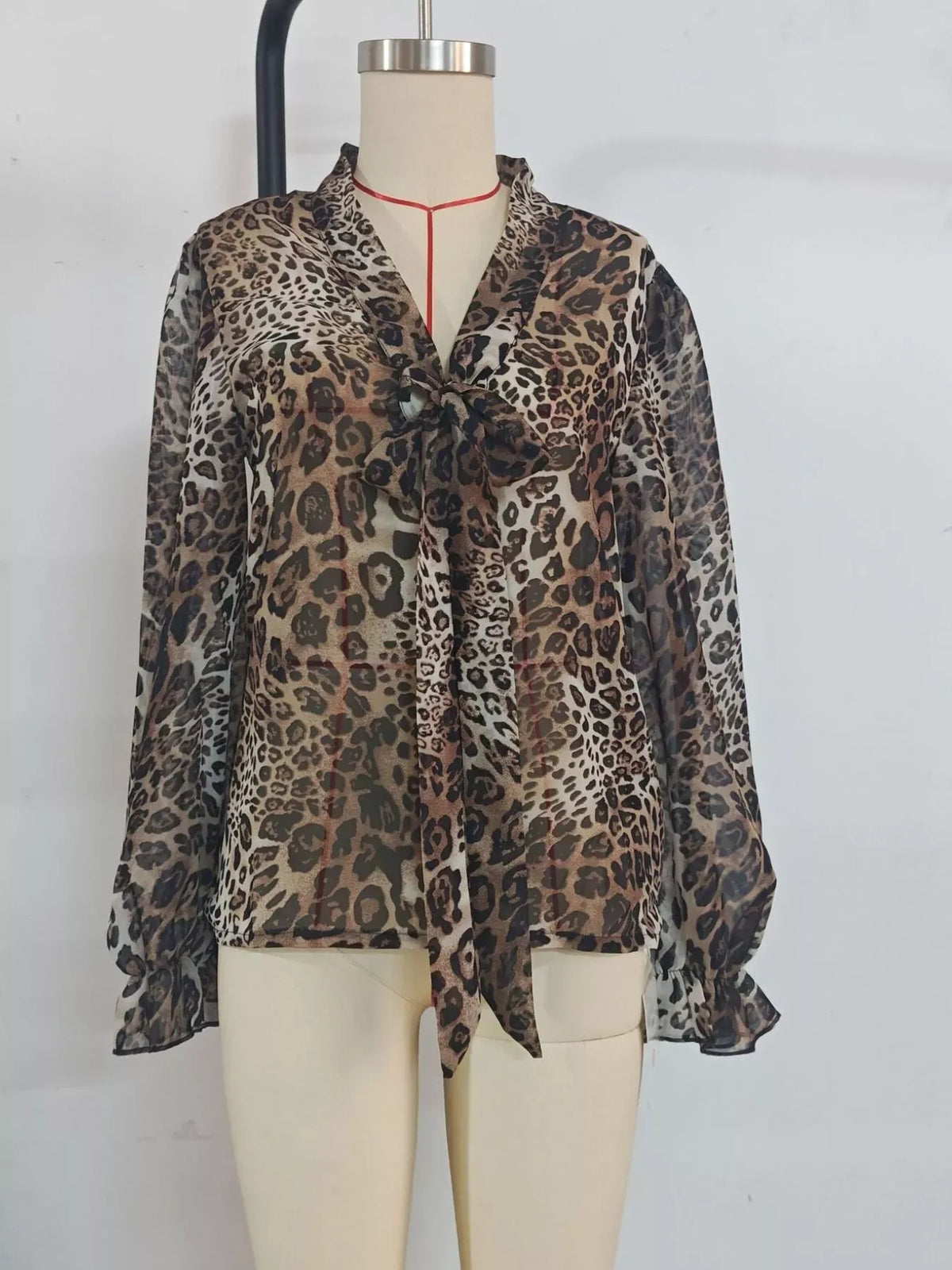 Women's Leopard Chiffon Tie-Neck Blouse — photo 4