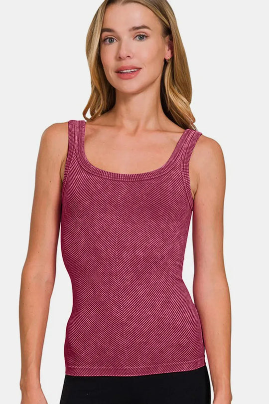 Another view: Ribbed Scoop Neck Tank — Burgundy