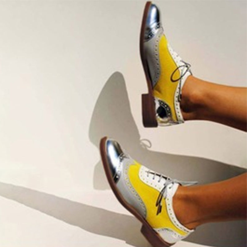 Women's Yellow Lace-Up Block Heel Pumps - Round Toe Low Heel Dress Shoes