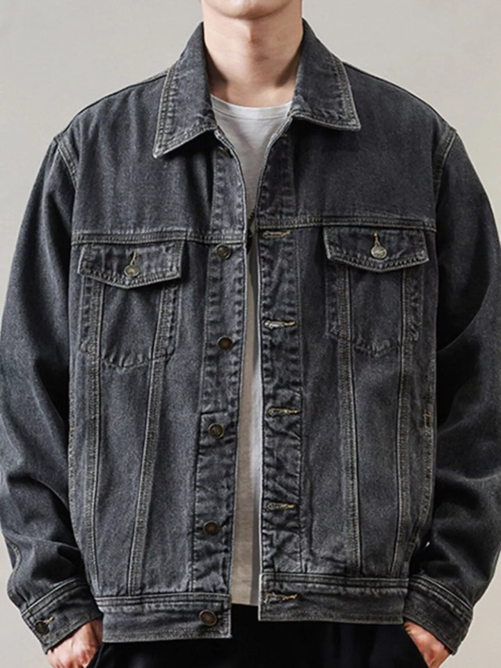 Men’s classic washed denim jacket in dark gray.