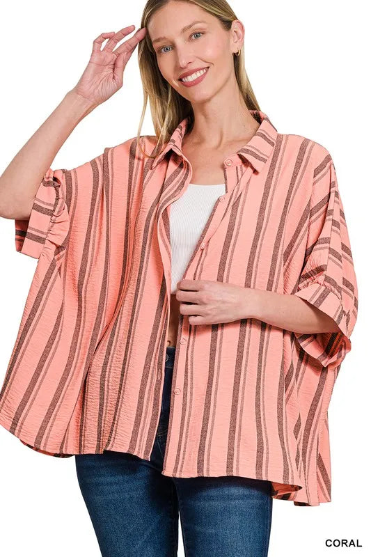 Woven Yarn-Dye Stripe Oversized Button Down Shirt — CORAL