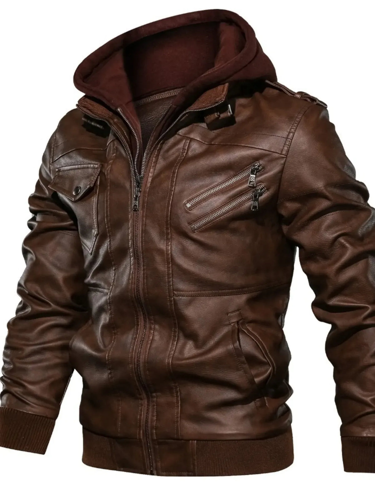 Men's Hooded Faux Leather Biker Jacket — photo 5