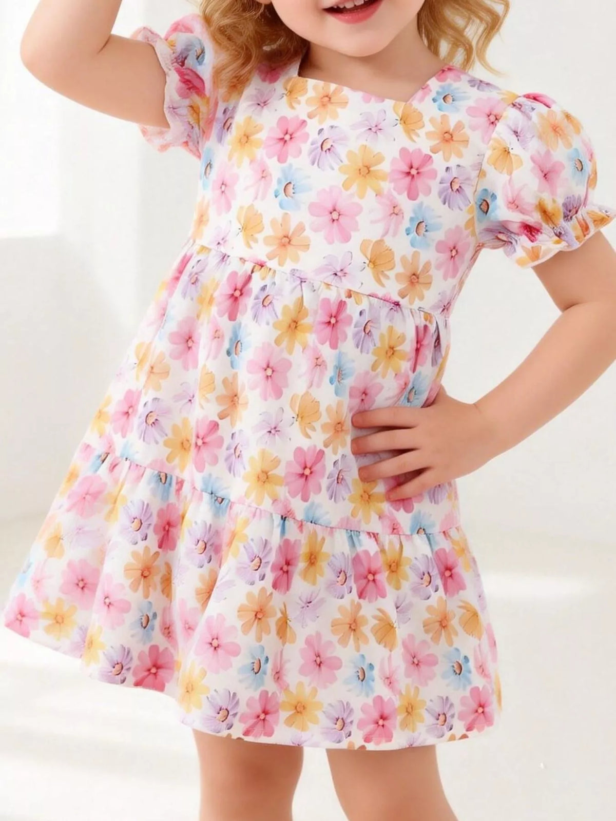 Floral Puff-Sleeve Ruffle-Hem Dress