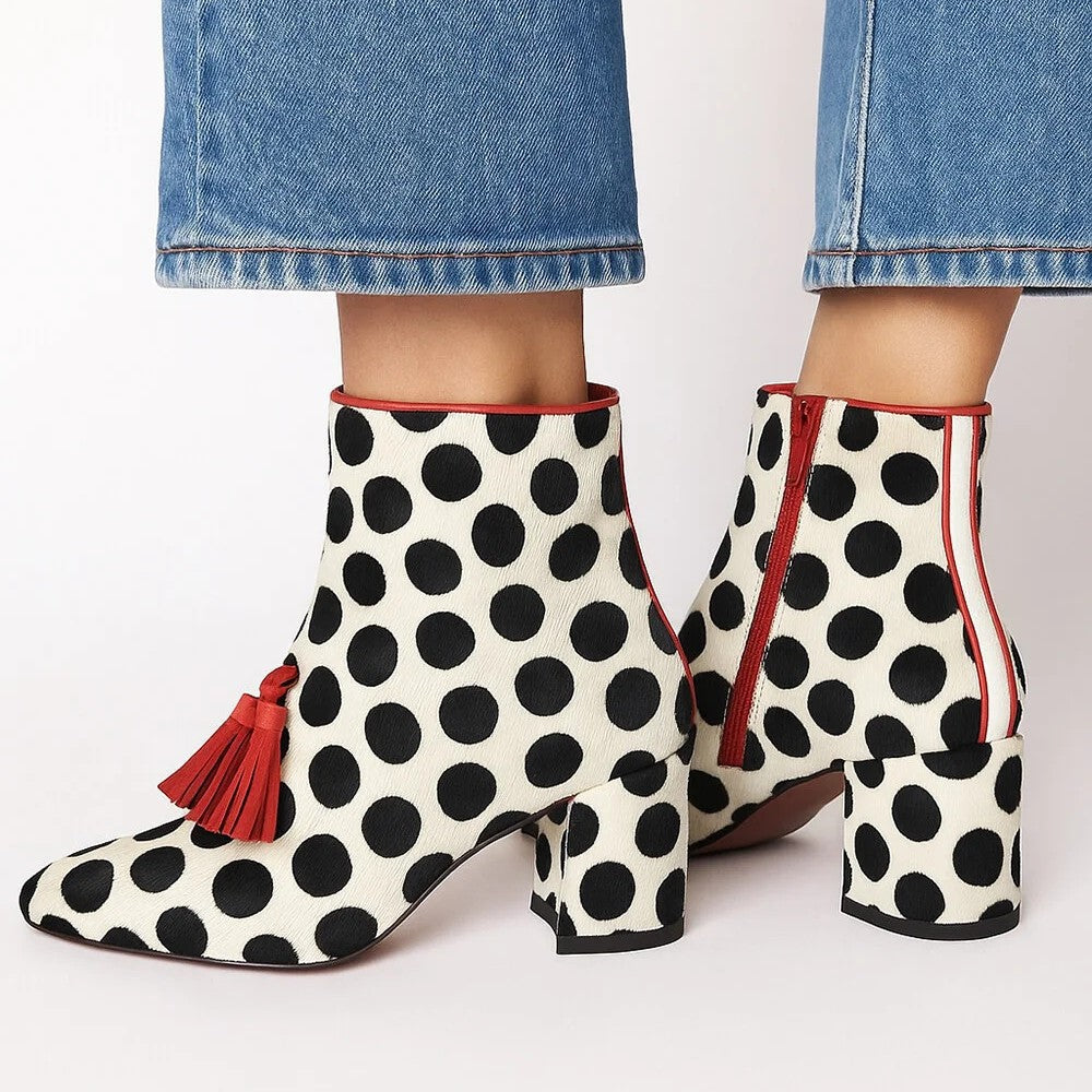 Women's Polka-Dot Fringe Boots | Side-Zip Square-Toe Chunky Heel | Synthetic Leather