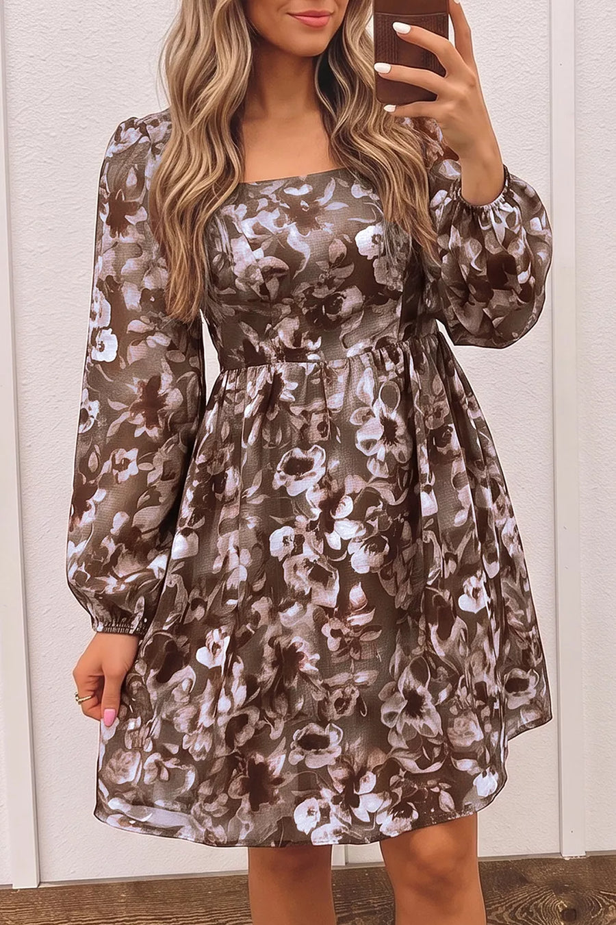 Abstract Floral Print Square Neck Long-Sleeve Mini Shift Dress