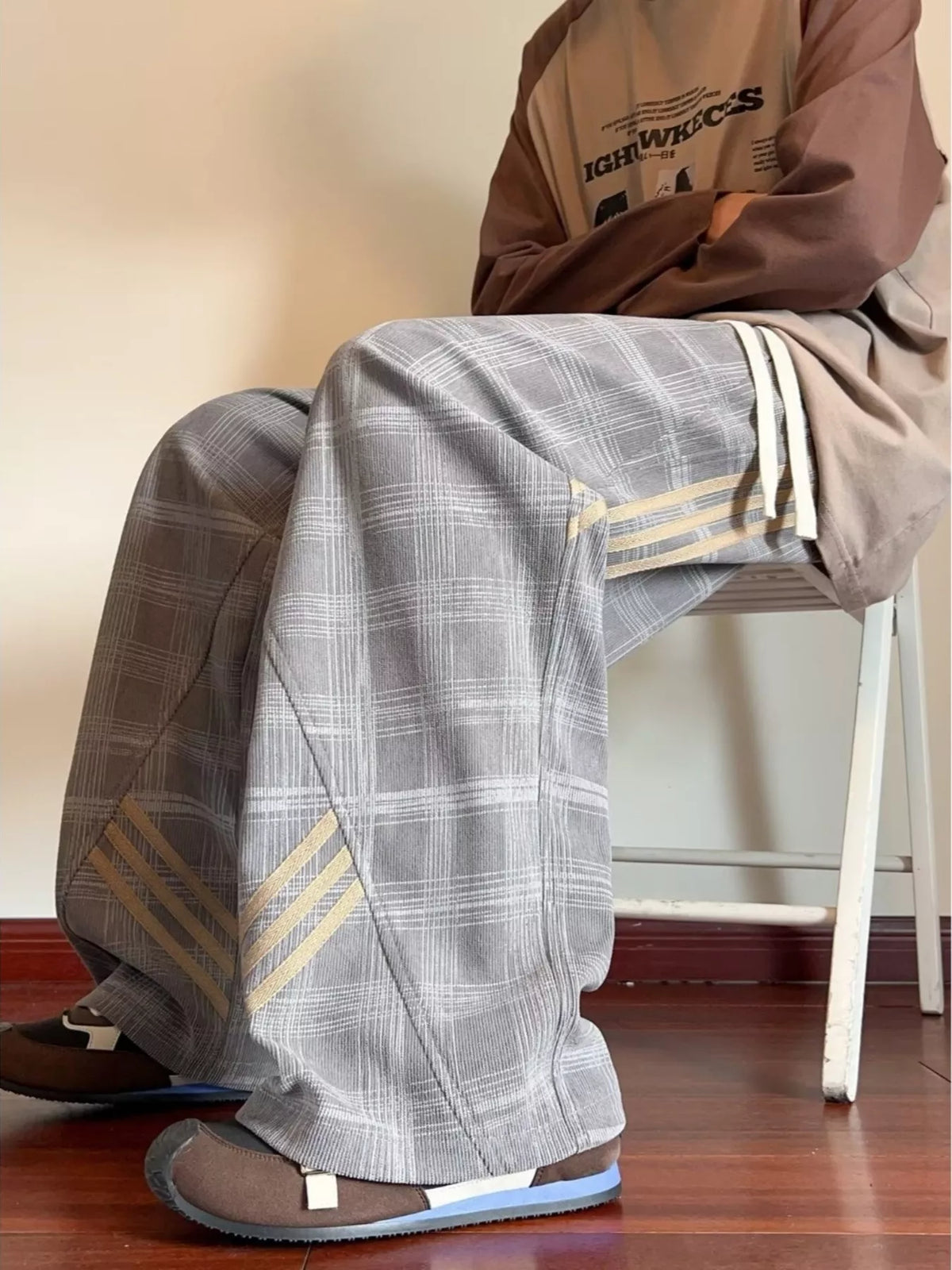 Men’s Plaid Wide-Leg Pants with Side Stripes