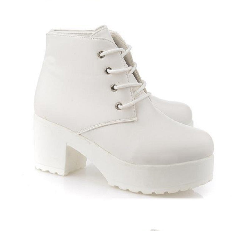 Women's Chunky Heel Lace-Up Ankle Boots | Round Toe | White & Black