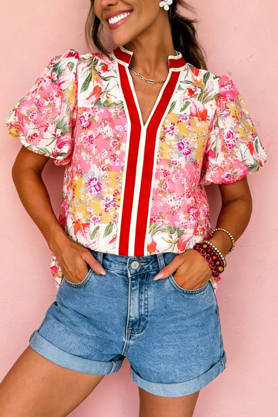 Another view: Contrast-Collar Floral V-Neck Blouse