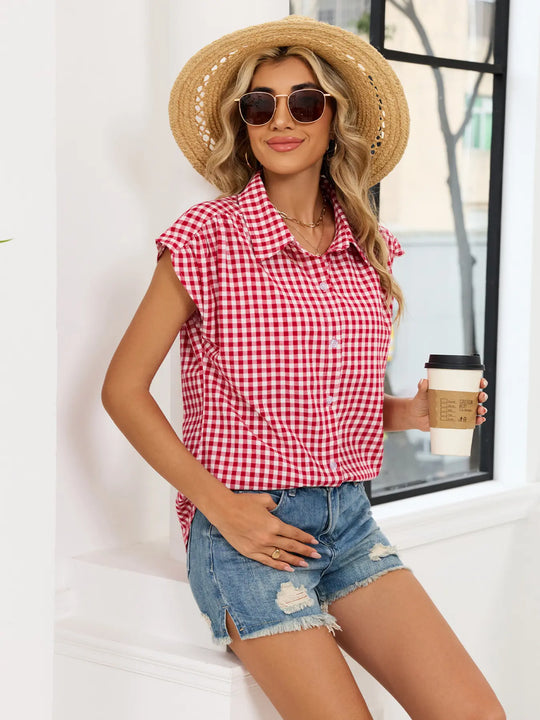 Another view: Plaid Button-Up Cotton Cap-Sleeve Shirt
