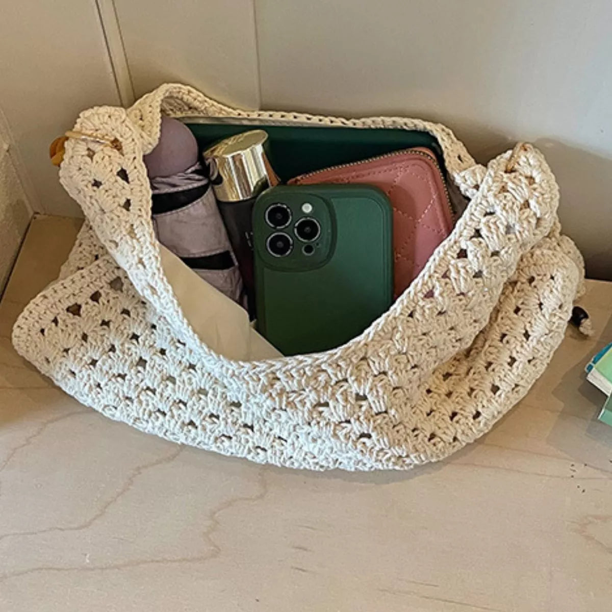 Off-White Crochet Beaded-Strap Shoulder Bag