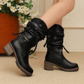 Women's Knitted Strap Mid-Calf Boots With Chunky Heels | Black & White