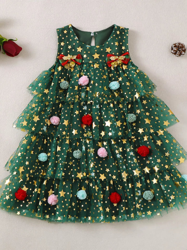 Baby Star Print Pom-Pom Tulle Dress