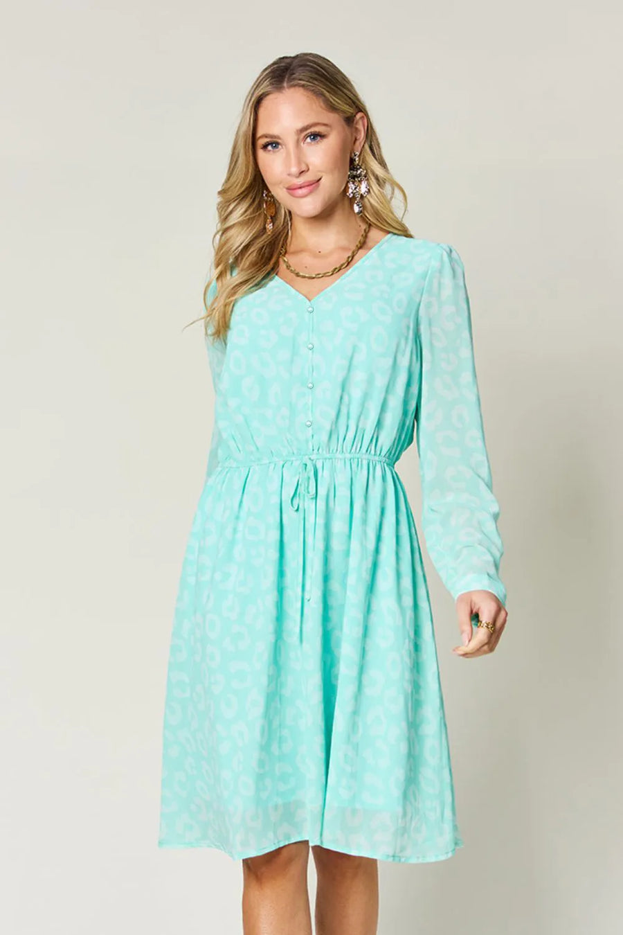 Printed Ruched V-Neck Long-Sleeve Dress — Light Green