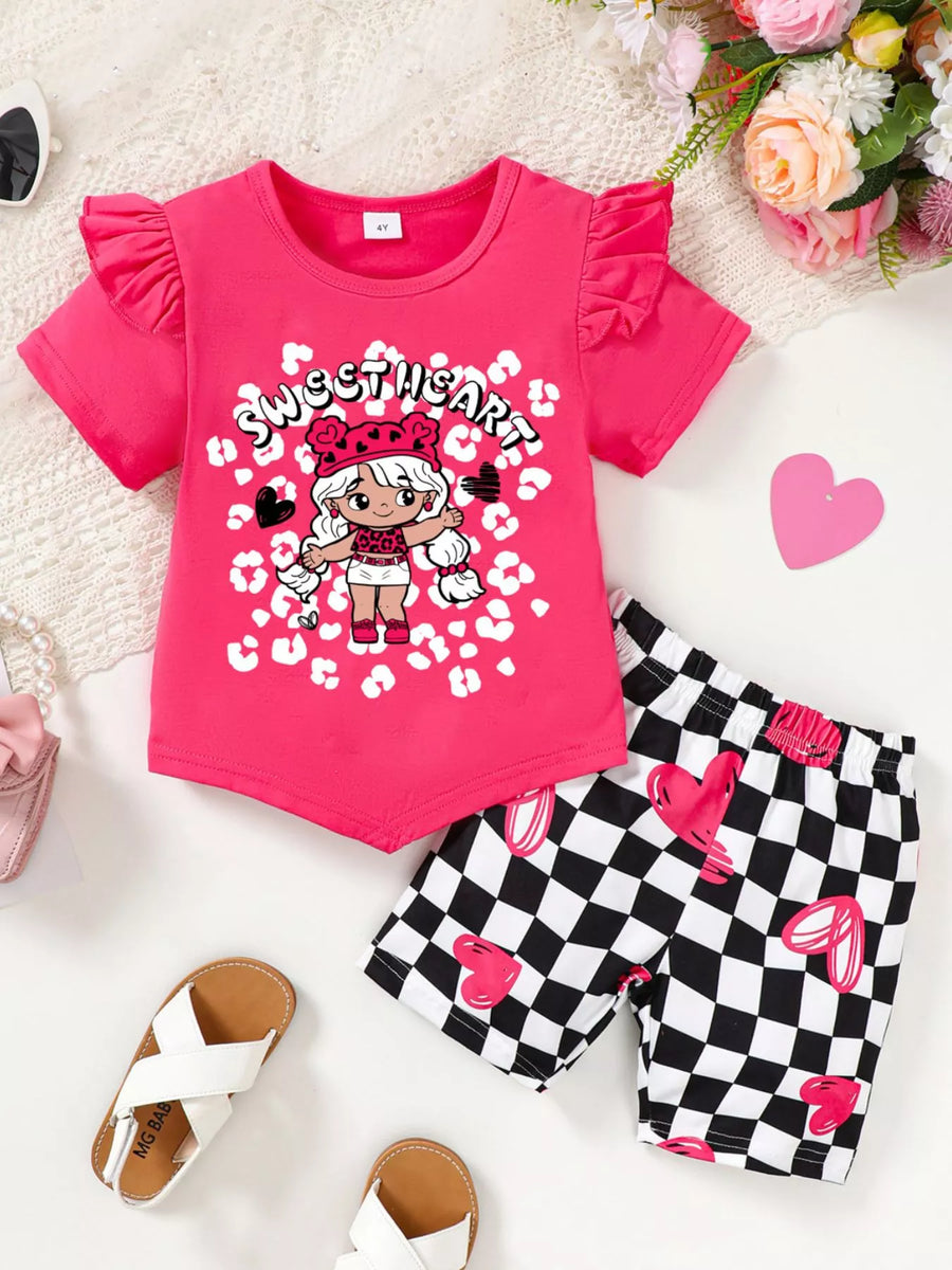 Ruffled T-Shirt & Checkerboard Shorts Set — Rose Red