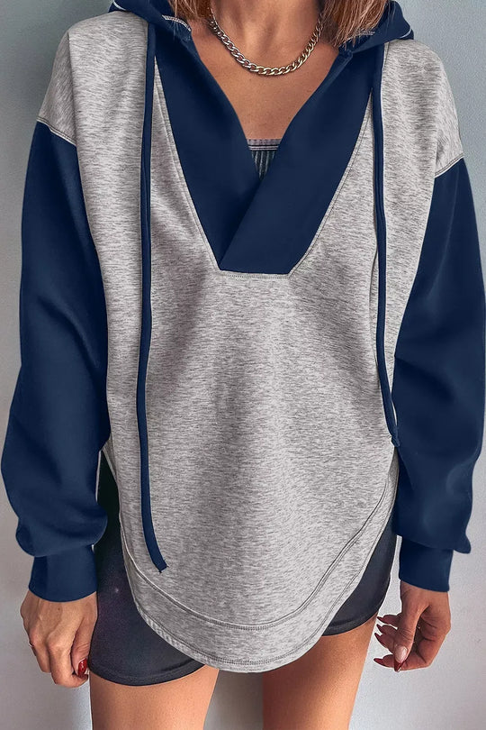 Another view: Colorblock Patchwork V-Neck Drawstring Hoodie — Gray