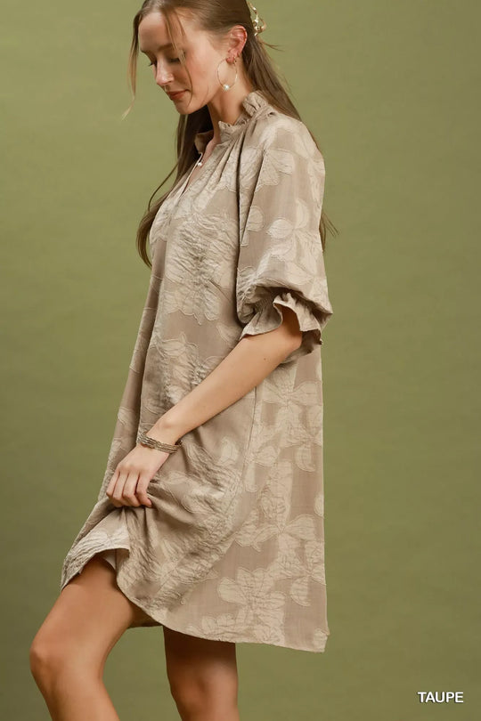 Another view: Umgee Floral Textured Jacquard V-Neck Dress — Taupe