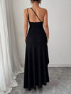 Black one-shoulder ruched high-slit maxi dress, alternate view 4