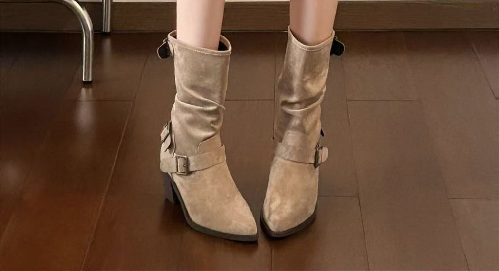 Women's Chunky Heel Pleated Suede Booties | Buckle Strap High Shaft Boots