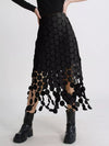 Cascading disc-fringe asymmetrical midi skirt
