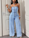 Blue non-stretch denim one-piece for women