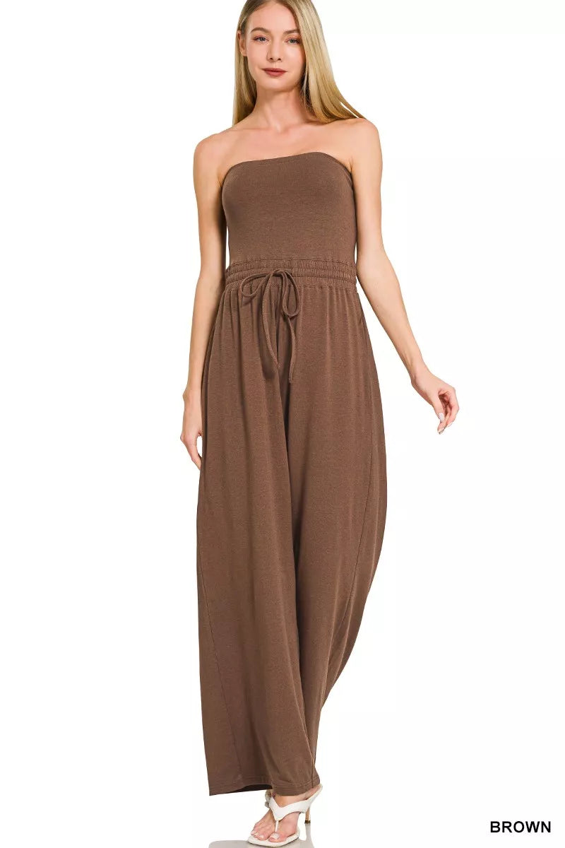 Tube Top Jumpsuit with Drawstring Waist — Brown