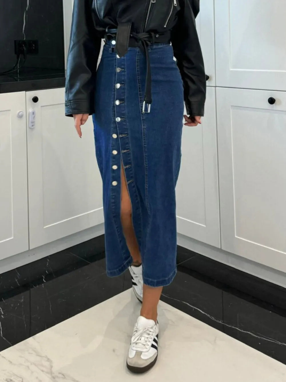 Women's Front-Button Slit Midi Denim Skirt