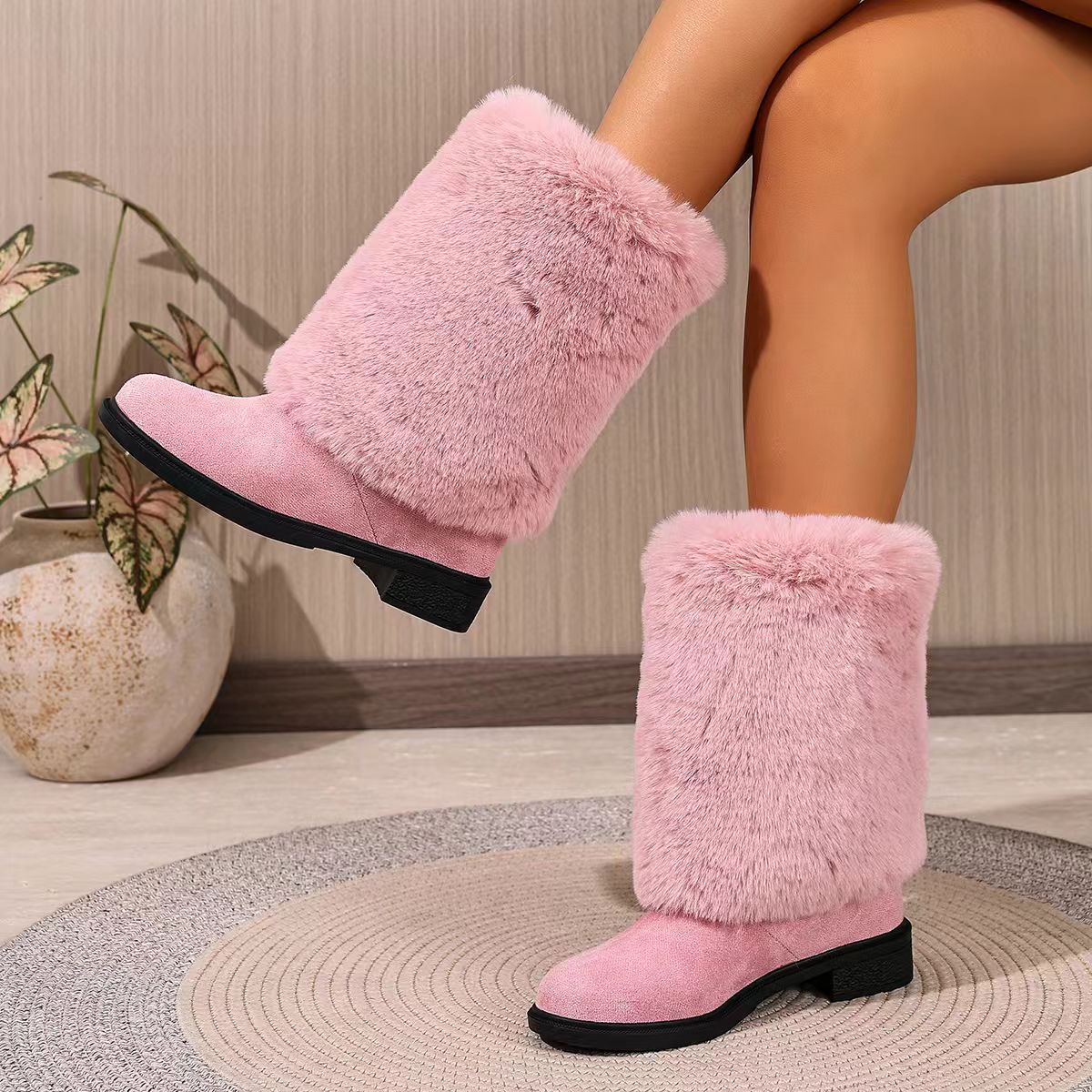 Women's Chunky Heel Snow Boots – Faux Fur Lined Mid-Calf Winter Boots