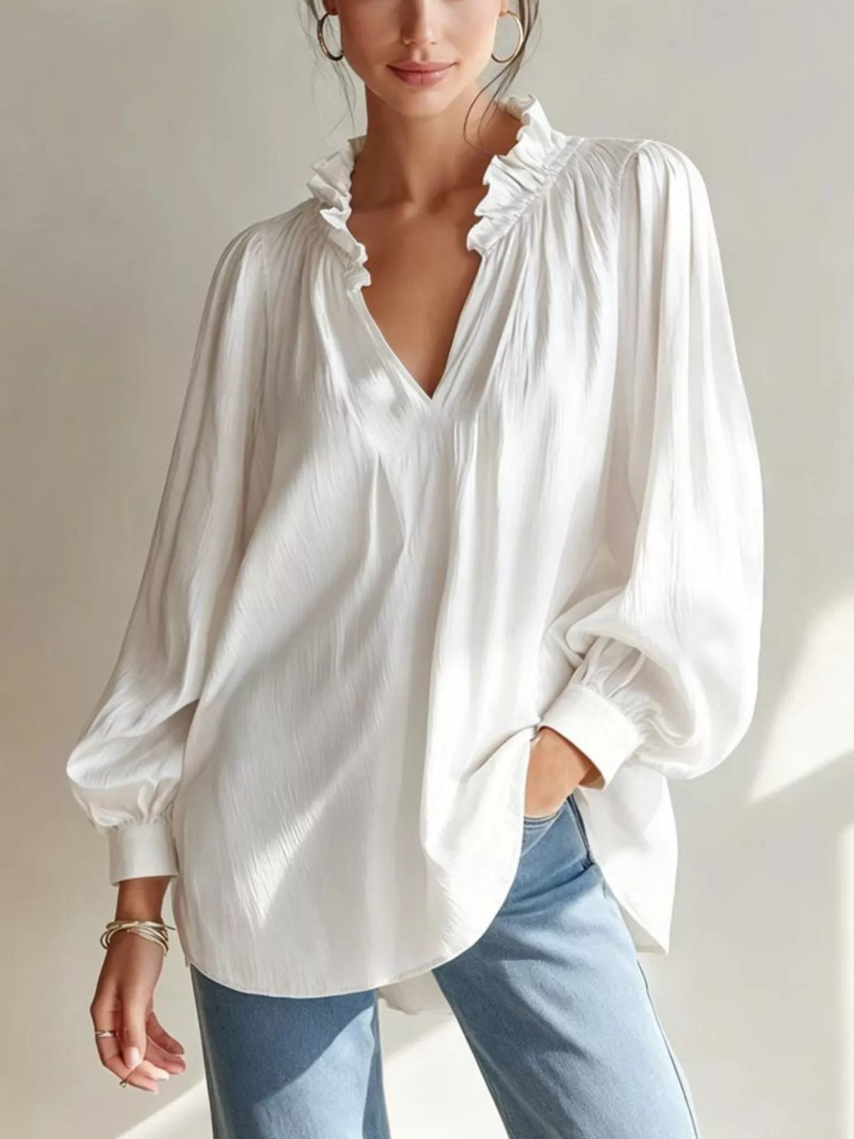 Frill-Trim Notched Long-Sleeve Blouse